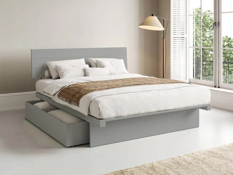 Upholstered storage bed in soft grey with blanket box feel